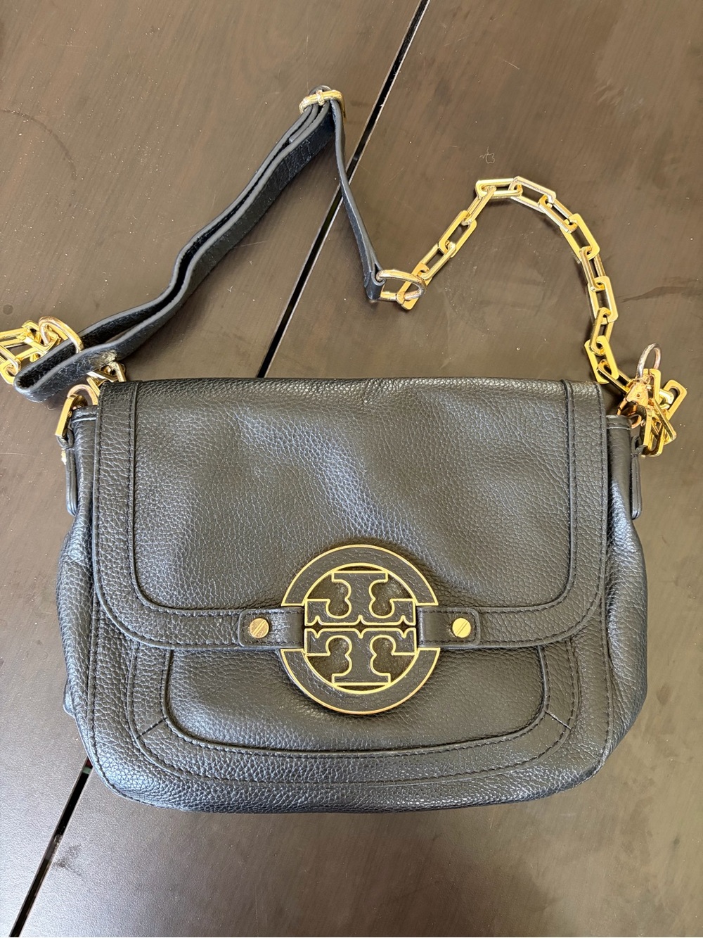 Tory Burch Black Pebbled Leather Fold Over Crossbody Bag with Gold Logo Hardware